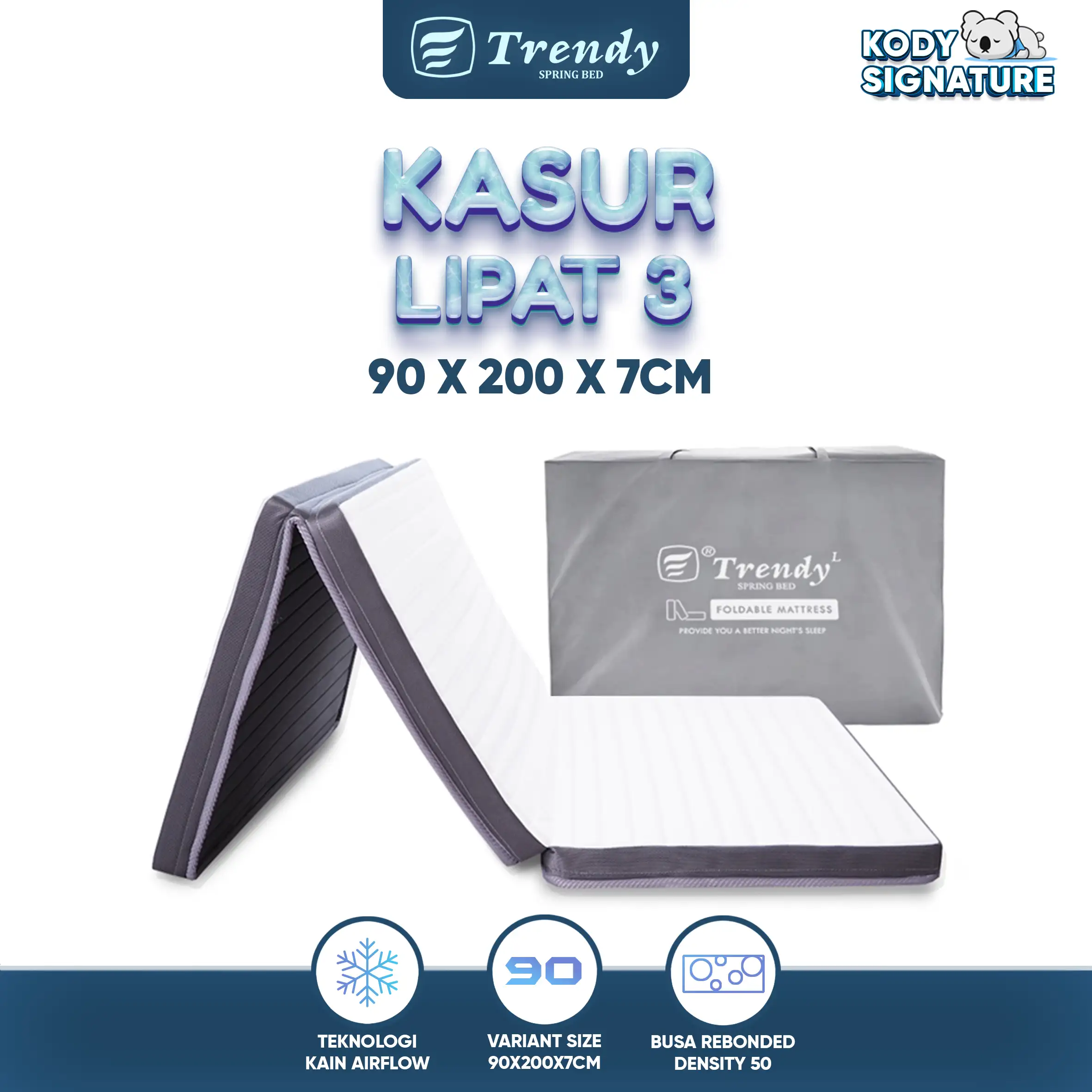 Kody Trendy Kasur Lipat 3 Tebal 7cm - Medium Firm Rebonded Foam Density 50 A Grade Dengan Tas