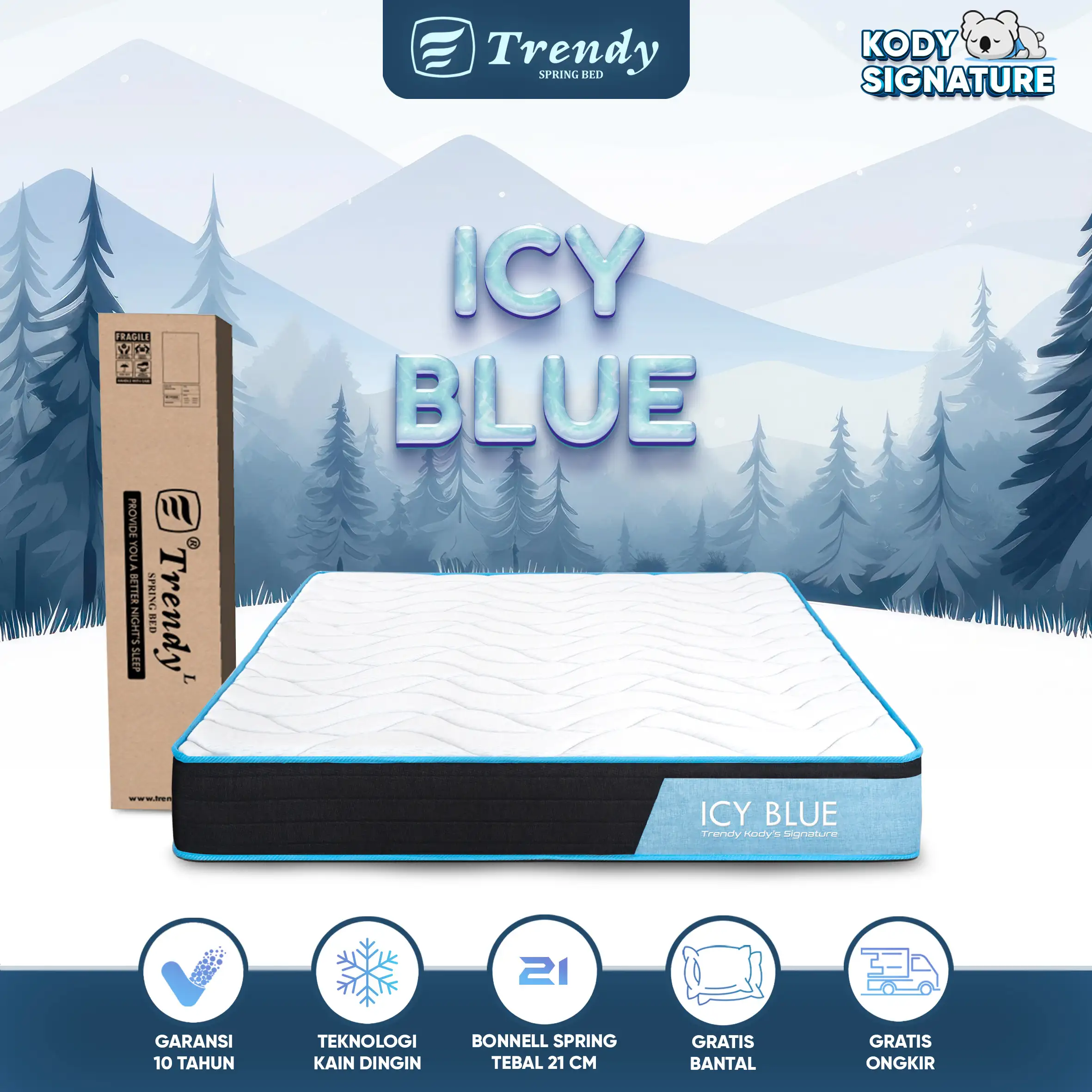 Kody Trendy Icy Blue 21cm - Kasur Spring Bed Dingin - Pegas Bonnell Spring Vacuum Dalam Box