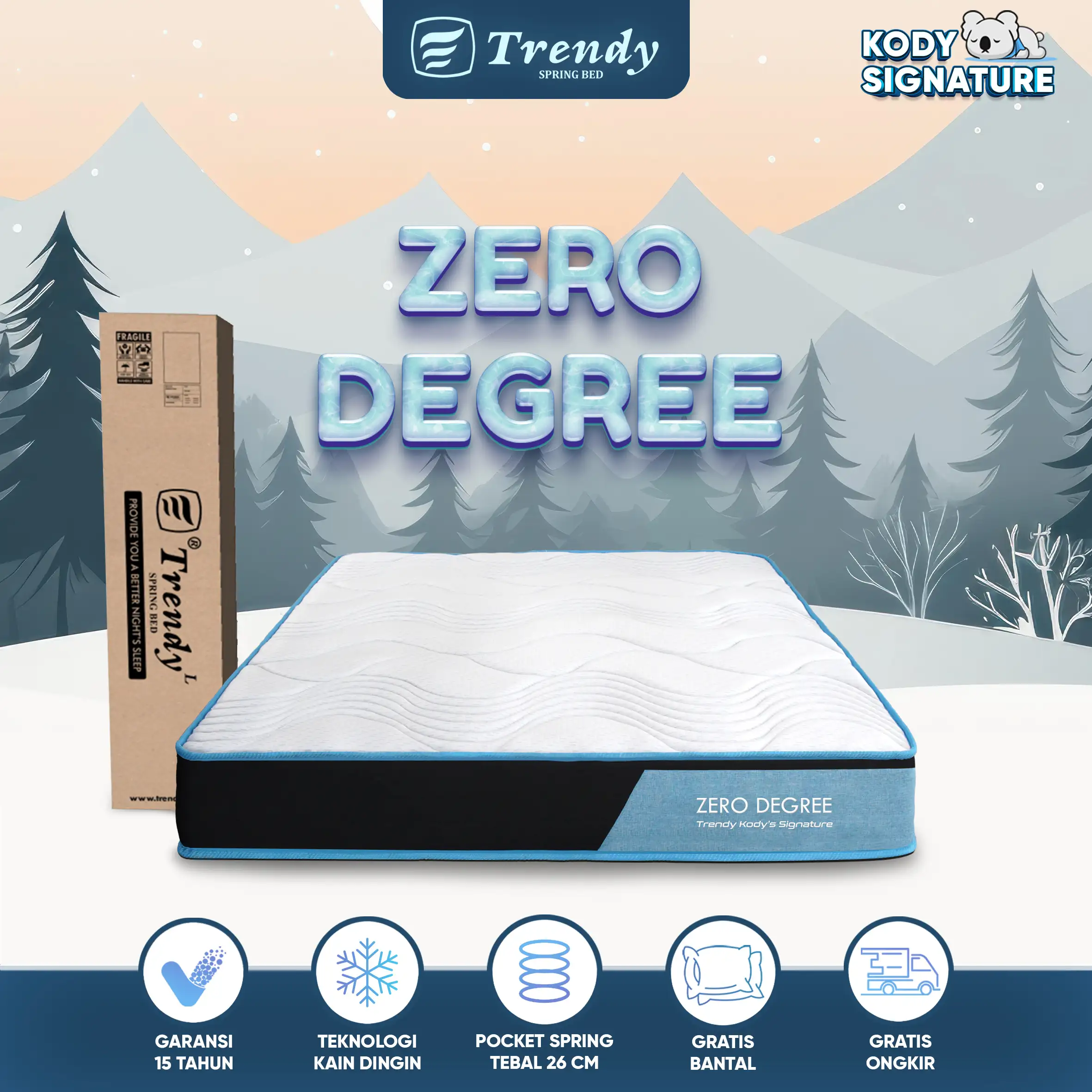 Kody Trendy Zero Degree 26cm - Kasur Spring Bed Dingin - Pocket Spring Vacuum Dalam Box