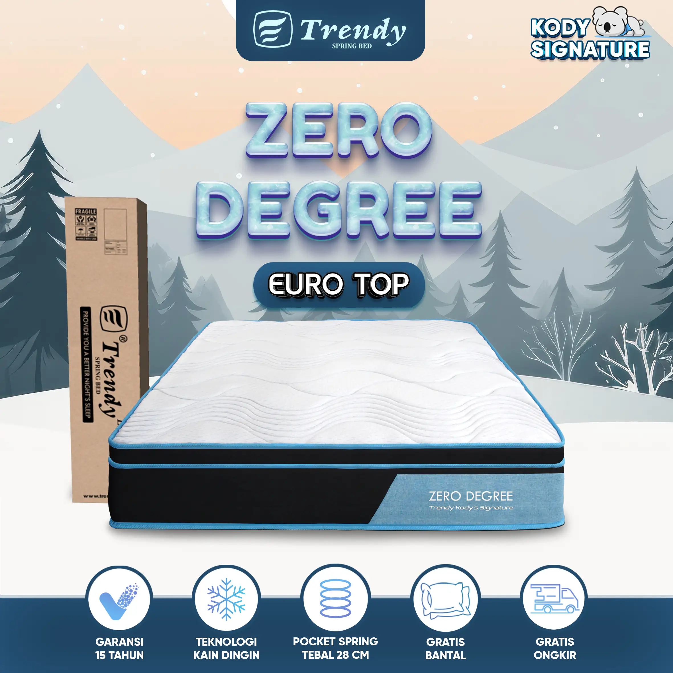 Kody Trendy Zero Degree Euro Top 28cm - Kasur Spring Bed Dingin - Pocket Spring Vacuum Dalam Box