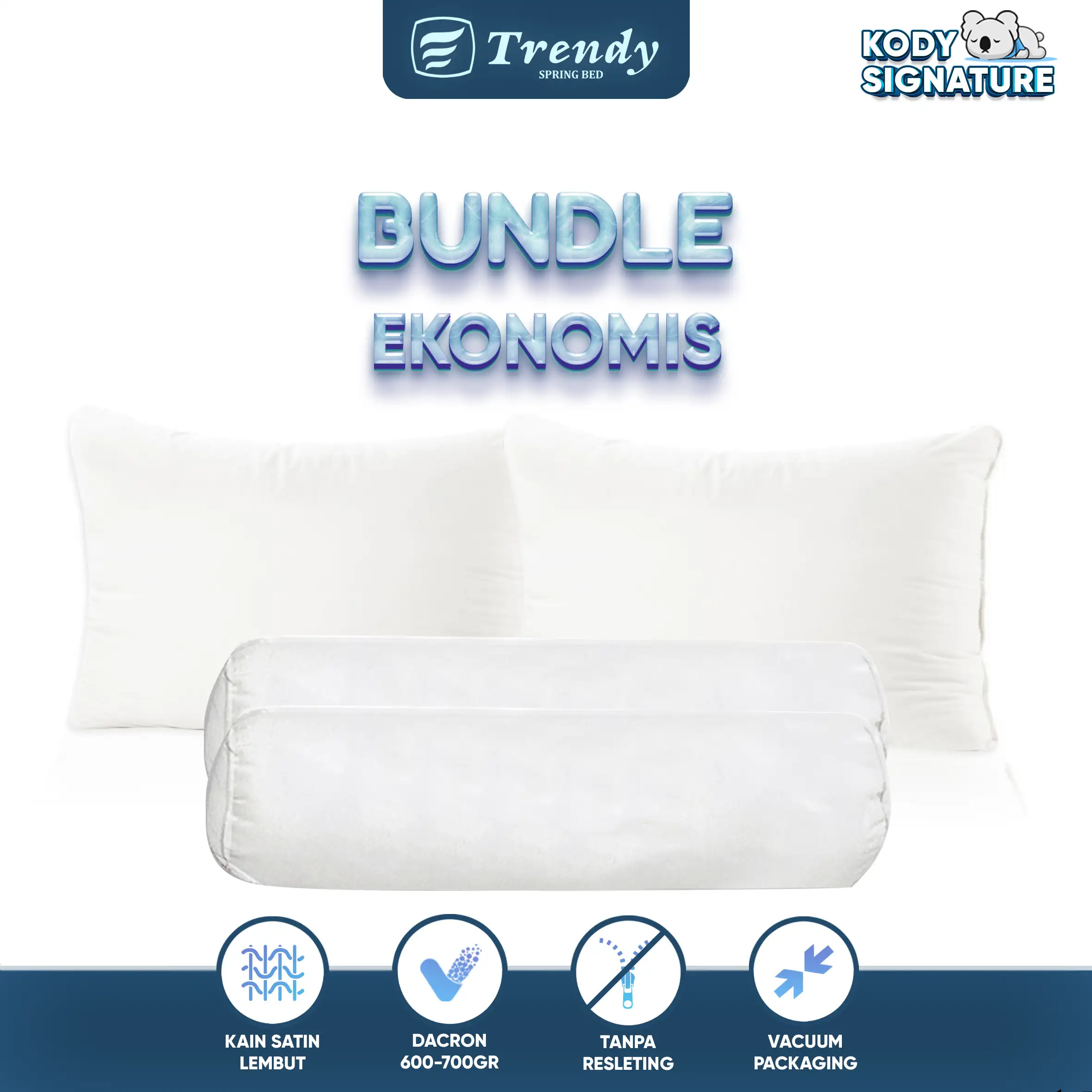 Kody Trendy Bantal Ekonomis - 45x65cm 100% Dacron 600gr / Guling Ekonomis - 30x85cm 100% Dacron 700gr